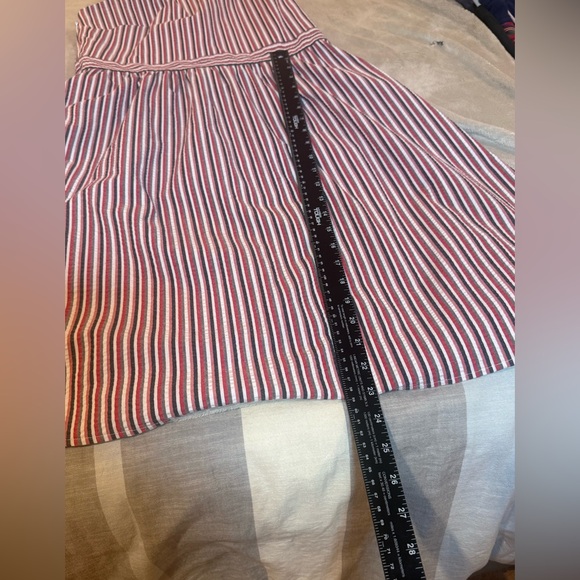 LOFT One Shoulder Summer Dress Red Blue gray white  seersucker nautical Stripe 8 - Picture 8 of 9